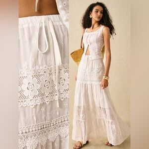 White Boho Maxi Skirt – Embroidered Tiered Design, Ruffle Hem, Lace Detail